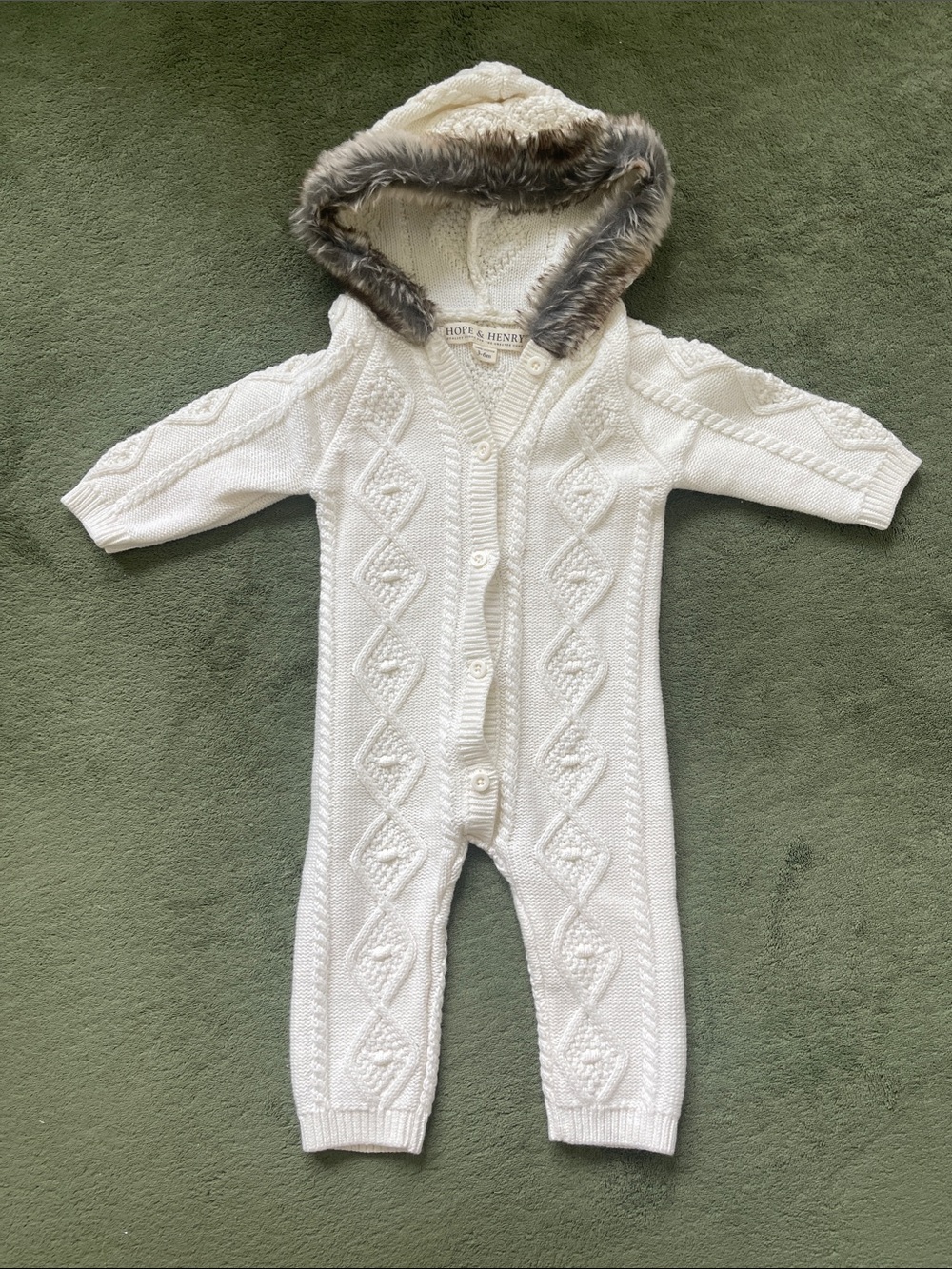 Hope and Henry Knit Sweater Hooded One-Piece with Faux Fur Trim